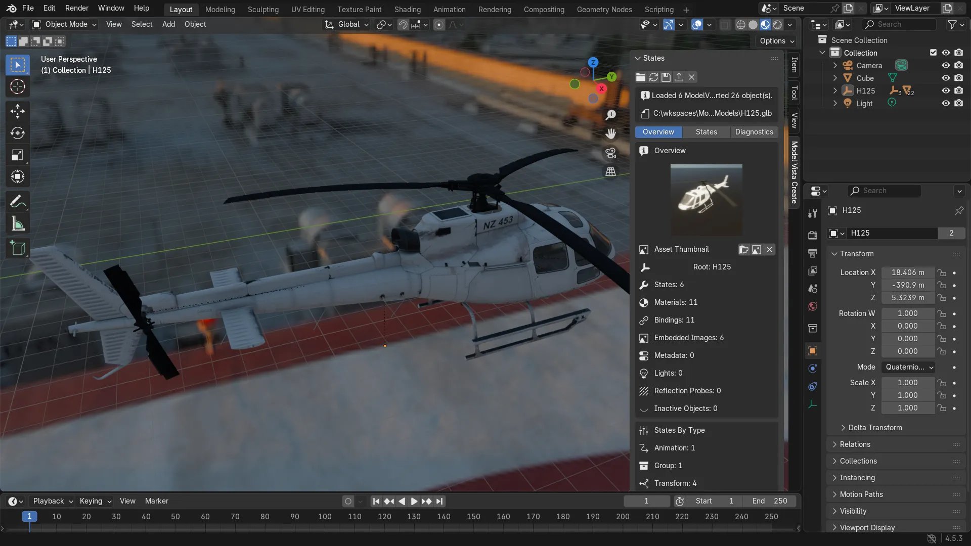 Model Vista Create in Blender showing the helicopter and States overview