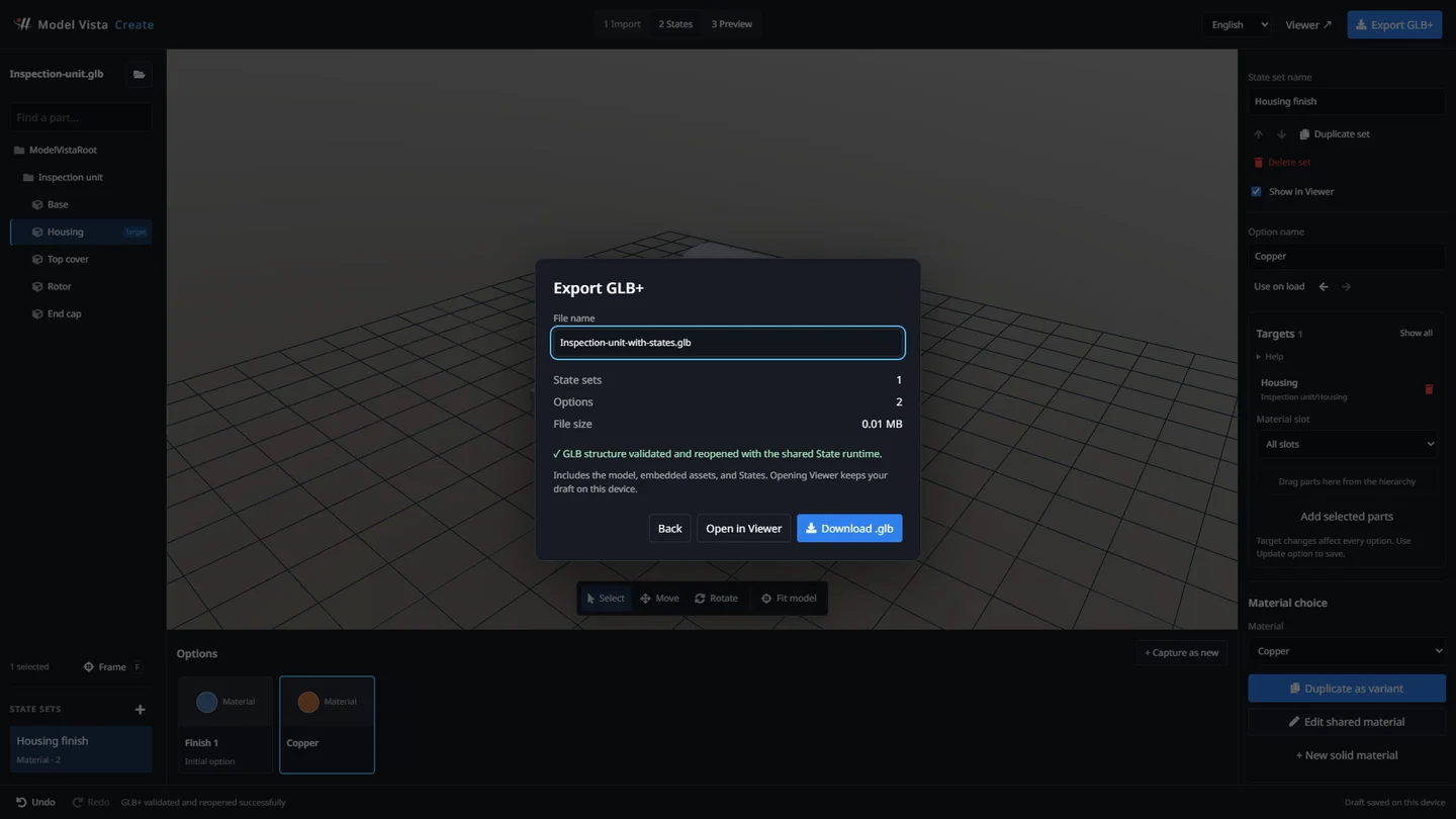 Inspection unitサンプルの検証結果、State数、Download .glbボタンを表示するCreate WebのExport GLB+ダイアログ
