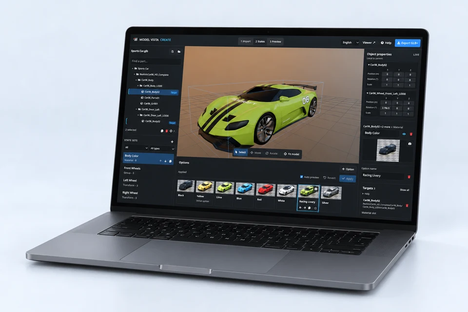 A laptop angled from the right, showing Model Vista Create Web with a sports car and its material options
