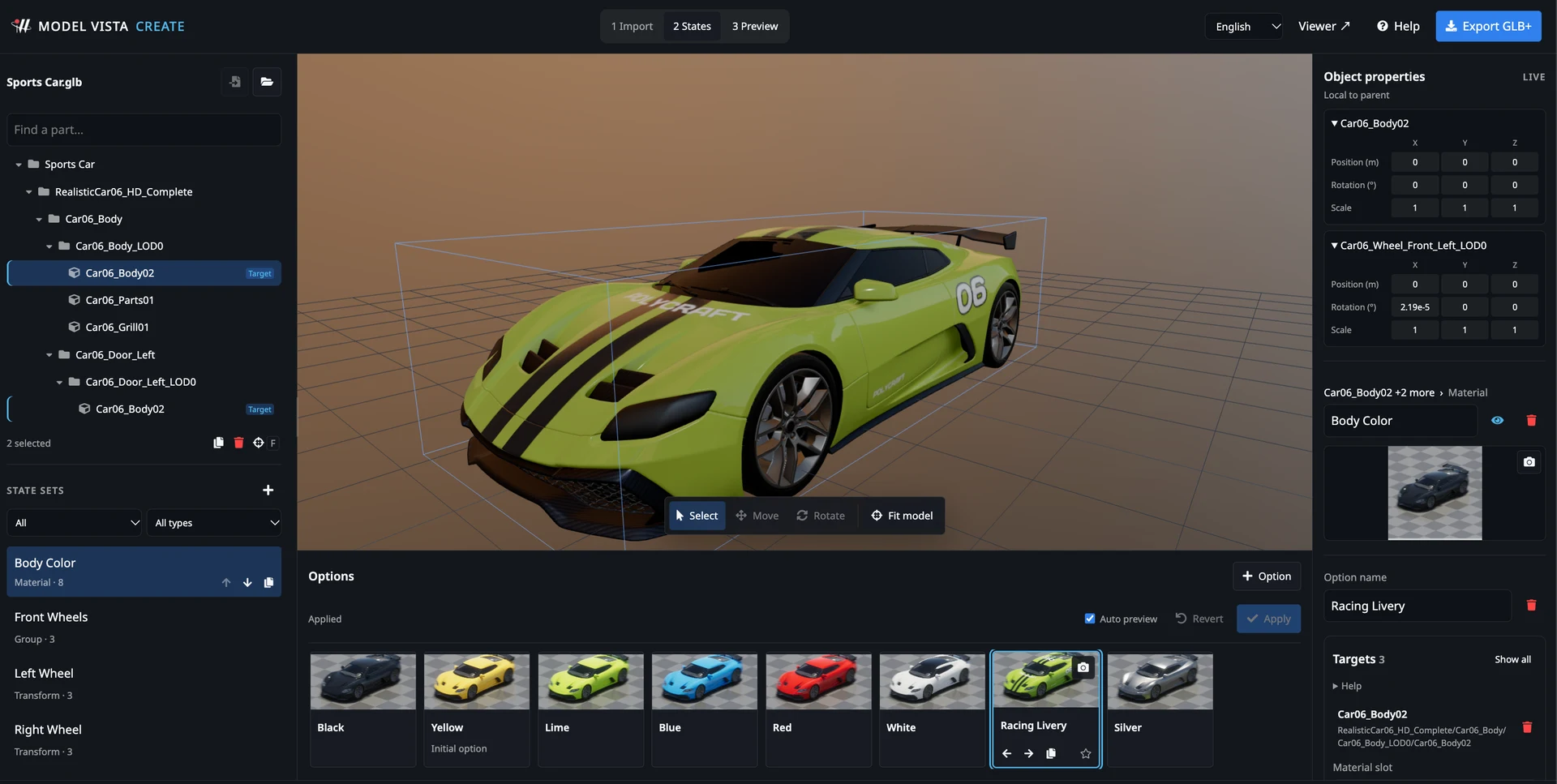 モデル階層、Body ColorのマテリアルStates、トランスフォームStates、レーシングカラーの選択肢を表示するModel Vista Create Webのスポーツカー制作画面