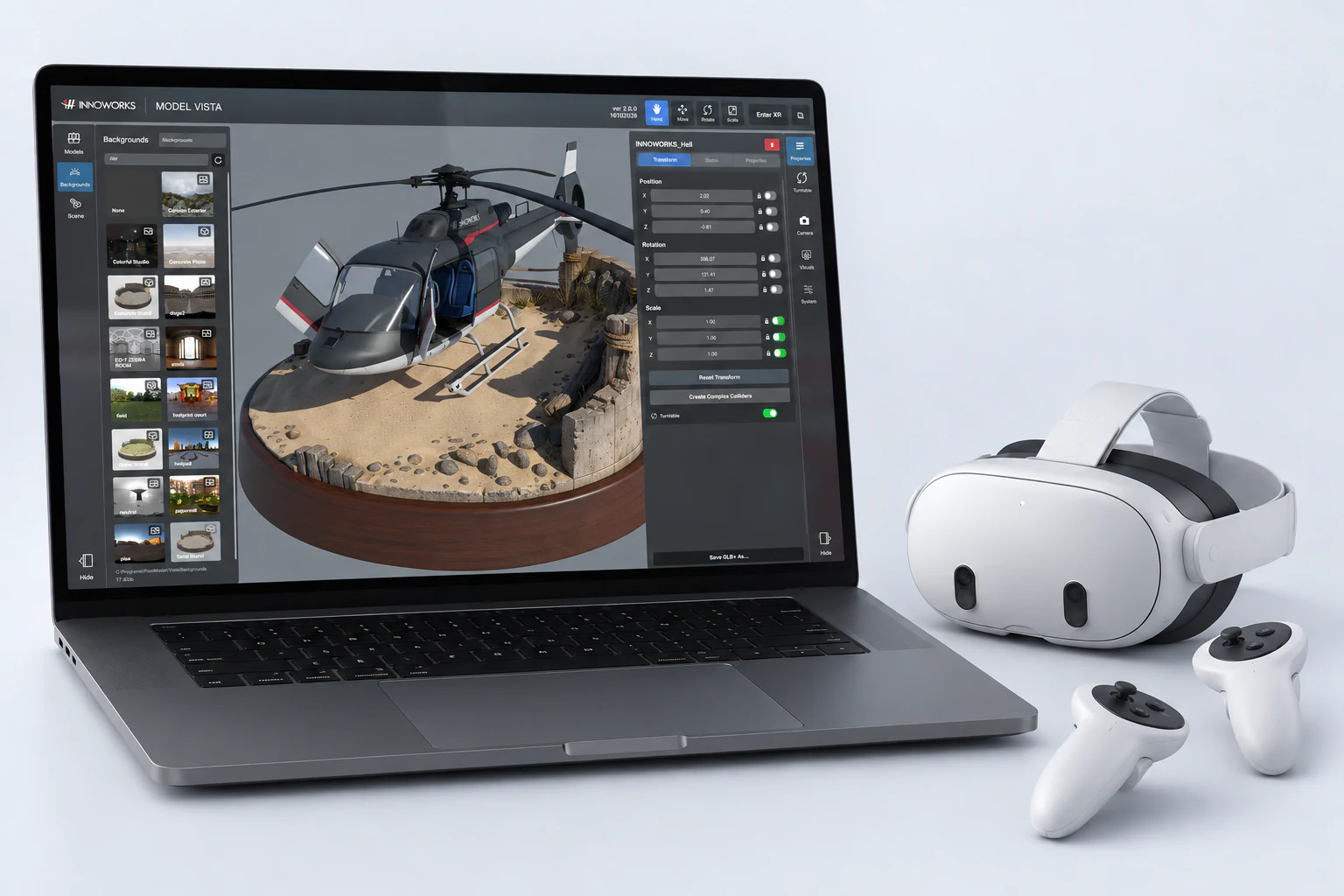 ノートPCの画面内に砂地のジオラマとヘリコプターを表示するModel Vistaと、隣に置かれたXRヘッドセット・コントローラー