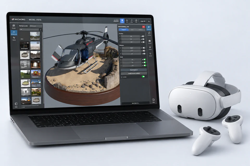 Model Vista on a laptop alongside an XR headset and controllers