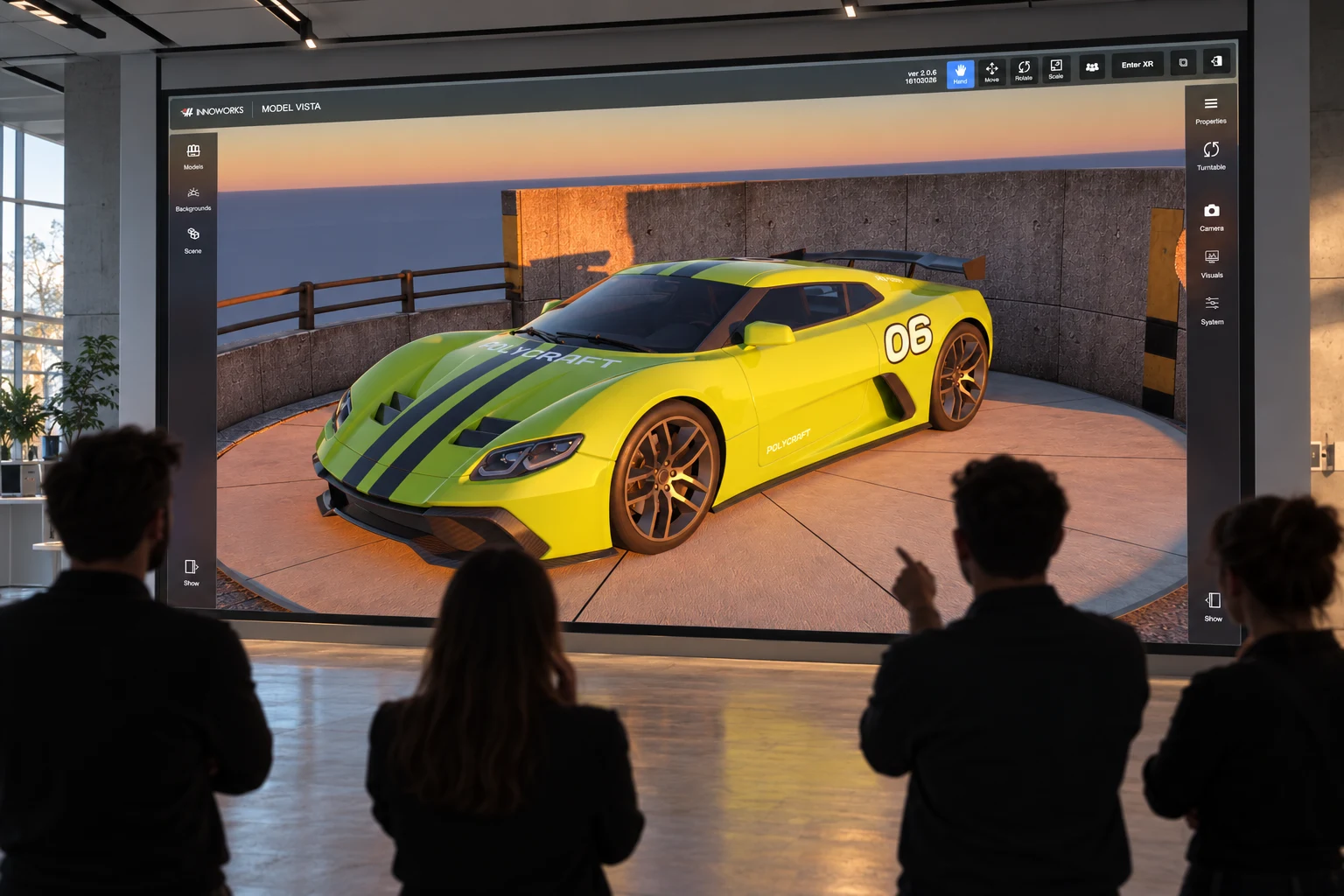 Illustrative design studio with a silhouetted team reviewing a sports car in Model Vista on a large powerwall
