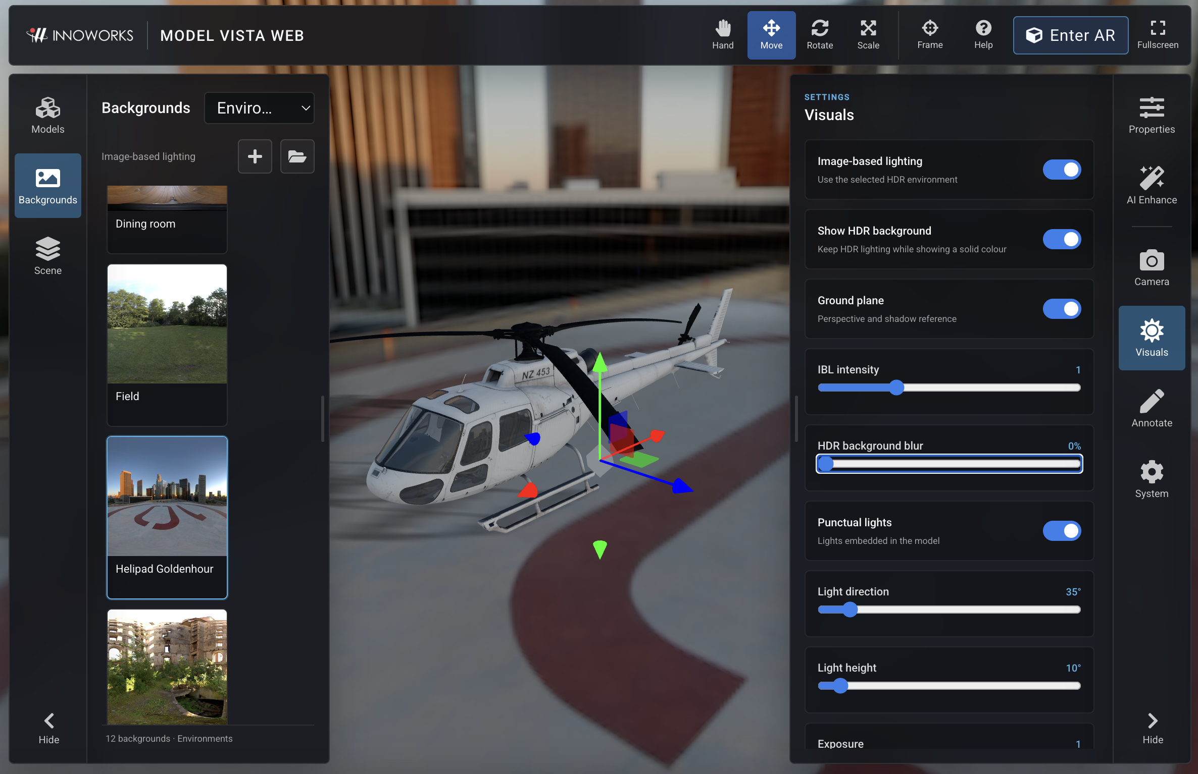 Model Vista Web running in a browser with a helicopter model and visual settings