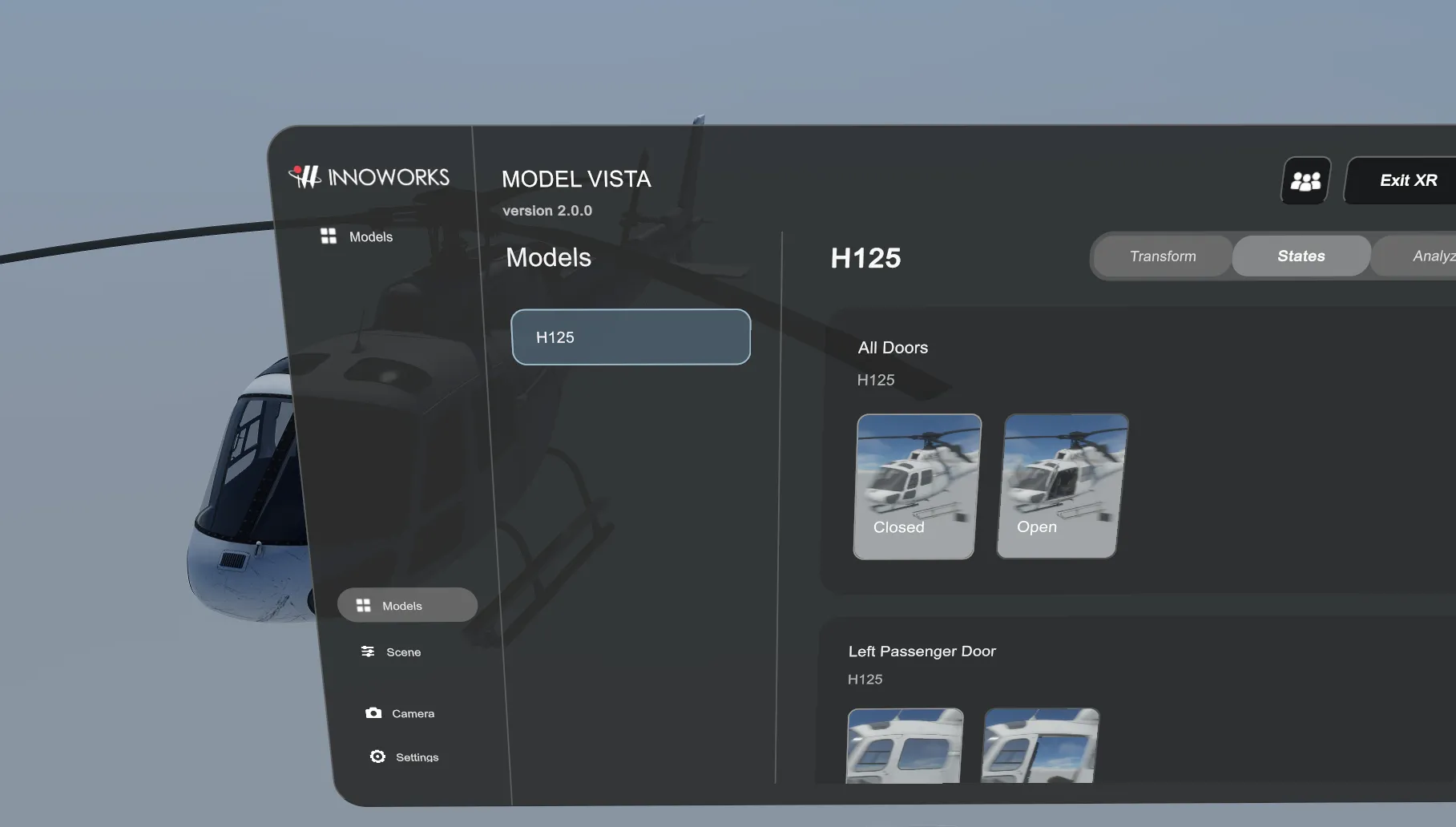Model Vista floating XR controls beside the H125 helicopter