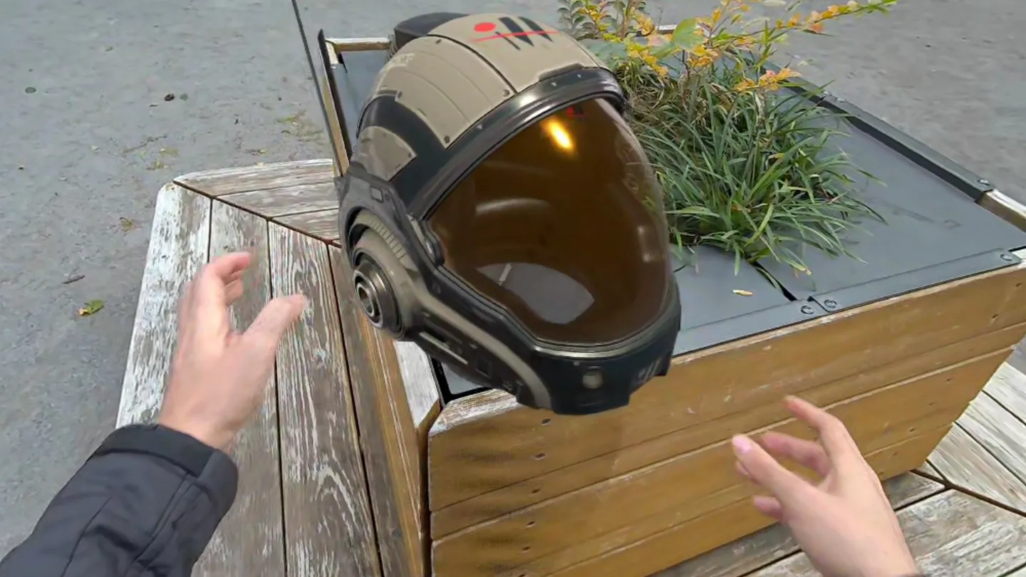 Model Vista displaying an interactive helmet model in mixed reality on Meta Quest